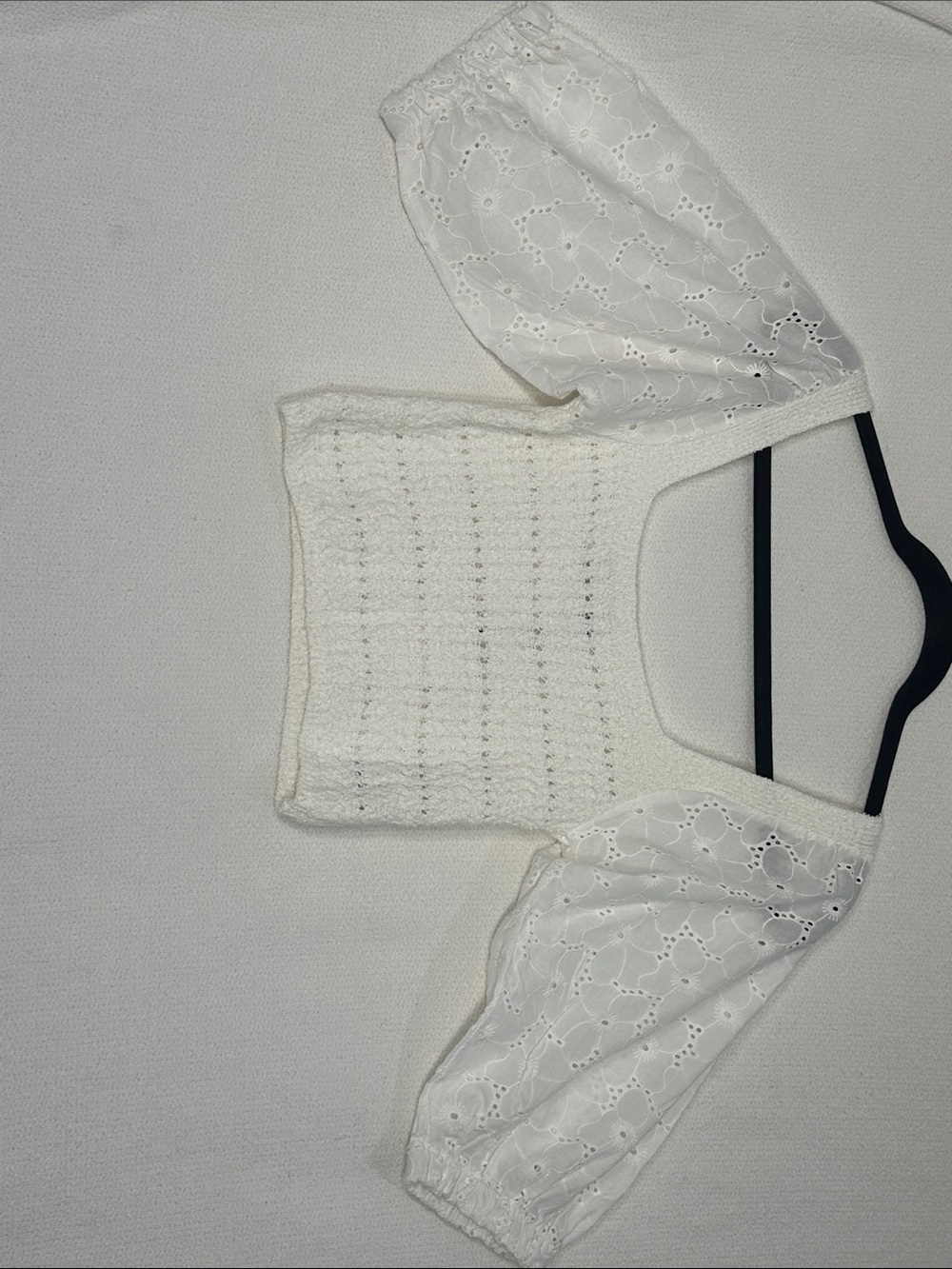 Zara White Eyelet Puff Sleeve Knit Crop Top